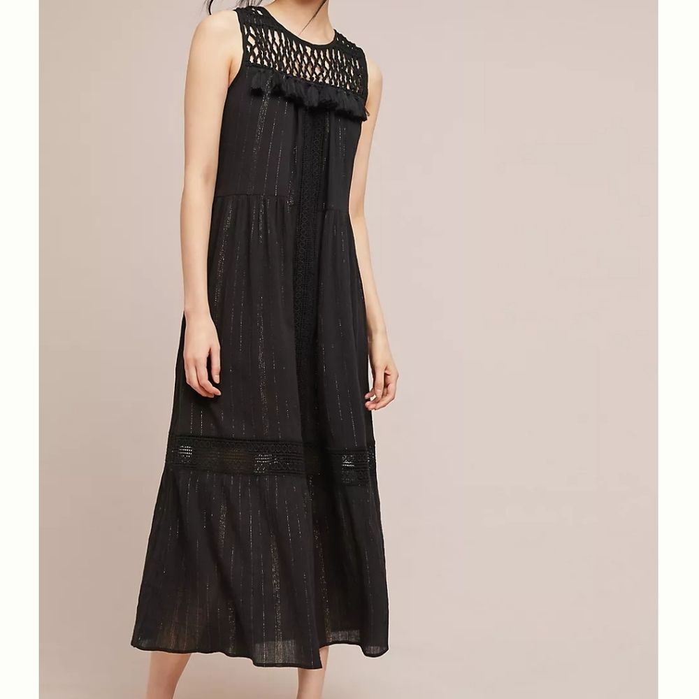 Anthropologie Black Crochet-Yoke Maxi with Tassel Band